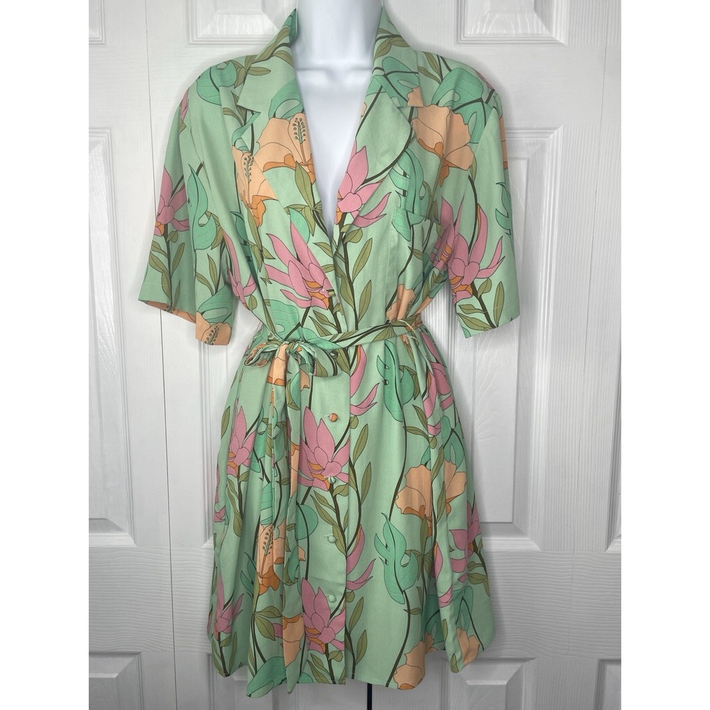 Lulus Green Collared Belted Floral Shirtdress Womens Size M